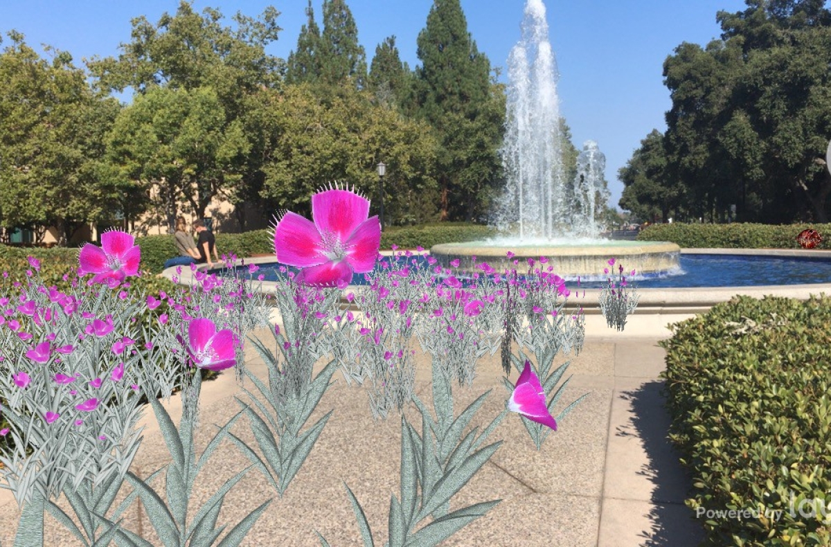 computer-generated image of flowers over Stanford campus scene