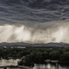 Flooding water out of heavy rain clouds in the Californian region