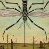 illustration of a giant mosquito bearing down on burning trees