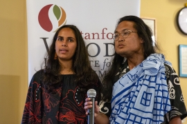 Stanford students Mahina Kaomea, B.A. '25 and Keoni Rodriguez, M.A. '23 welcome the group.