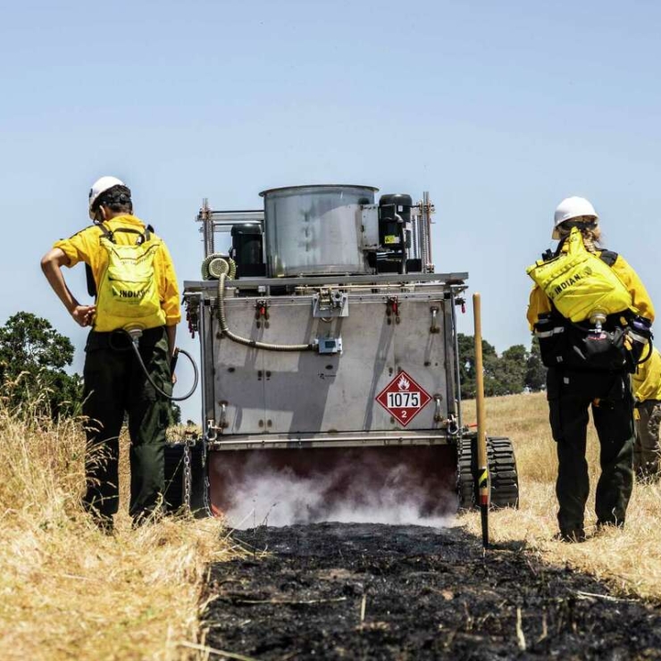 A prototype BurnBot RX1 remote-operated prescription burning machine is in operation during the California Central Coast Prescribed Fire Training Exchange burn in San Juan Bautista (San Benito County). 