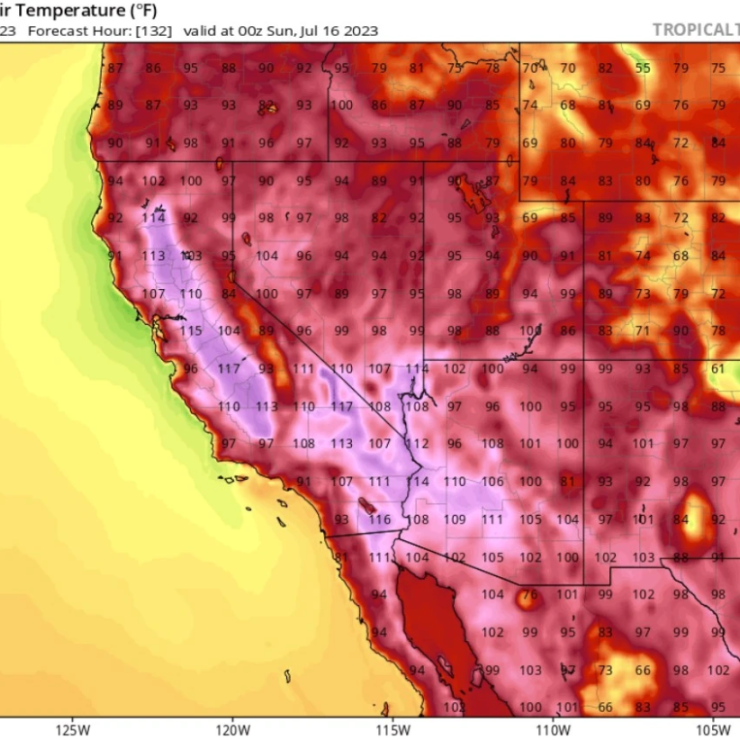 Temperatures are forecast to soar above 110 degrees in the Central Valley and Southwest by next Saturday July 15, 2023, with parts of the Bay Area likely to exceed 100 degrees.