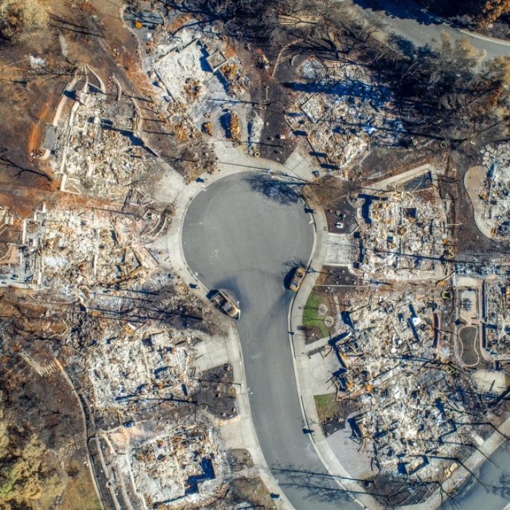 a cul-de-sac after a fire, showing lots where houses once stood