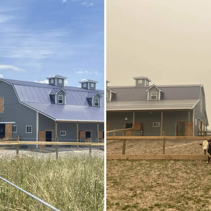 Before and after photos of wildfire smoke from Canadian fires that reached Sweet Farm, an animal sanctuary on the west shores of Seneca Lake in Himrod, N.Y.